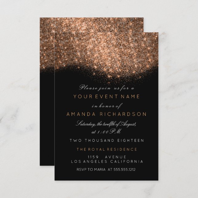 Abstract Sparkly Glitter Copper Rose Gold Black Invitation (Front/Back)