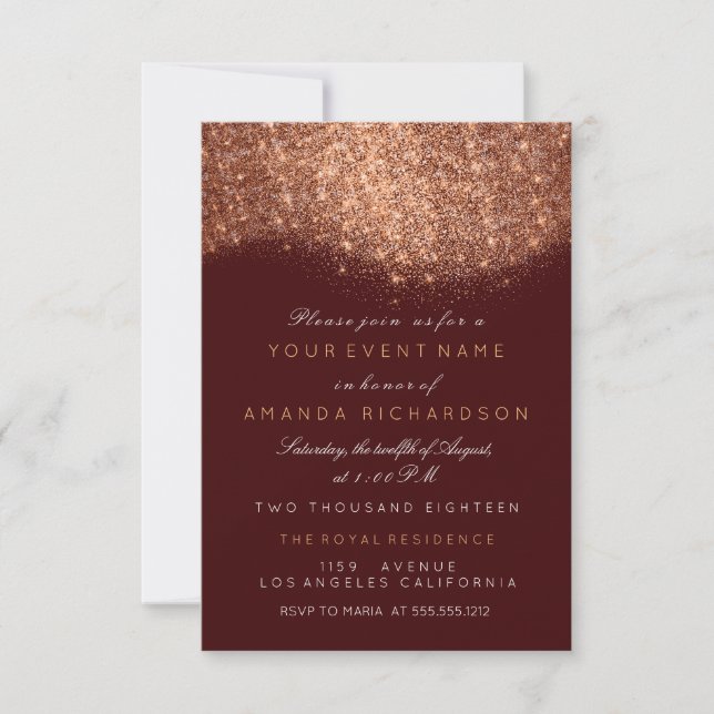 Abstract Sparkly Glitter Copper Rose Gold Burgundy Invitation (Front)