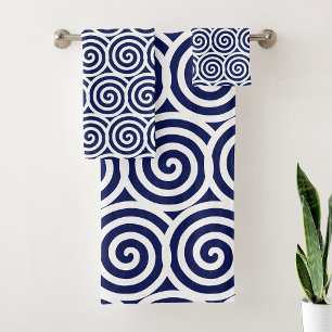 Abstract Spiral Circles in Navy Blue & White Bath  Towel Set