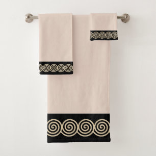 Abstract Spiral Circles on Black & Beige Bath Towe Towel Set