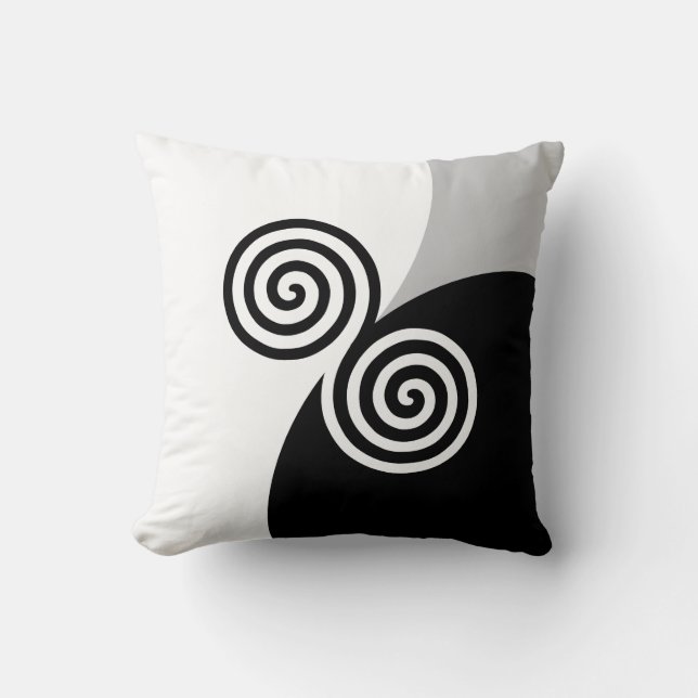 Abstract Spiral Circles on Black Grey & White Cushion (Front)