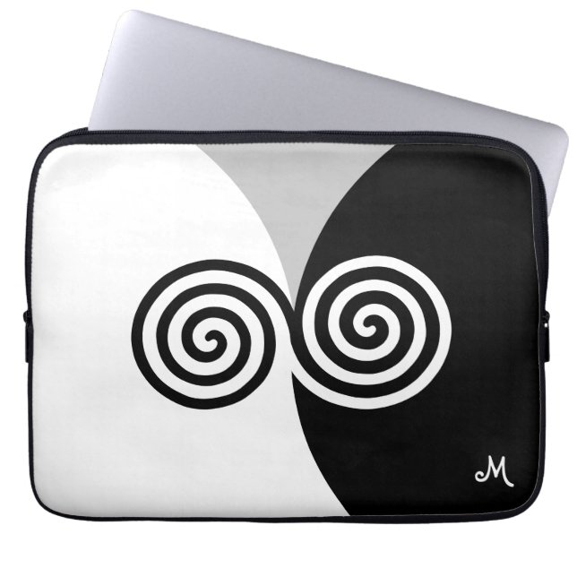 Abstract Spiral Circles on Black Grey & White Laptop Sleeve (Front)