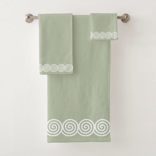 Abstract Spiral Circles on Sage Green Bath Towel Set (Insitu)