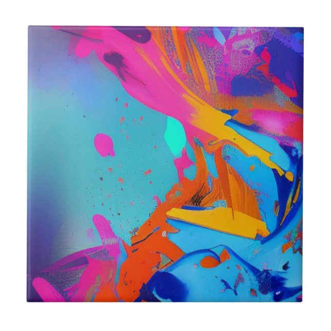 Abstract splashes of colour blue fuchsia orange  tile (Front)