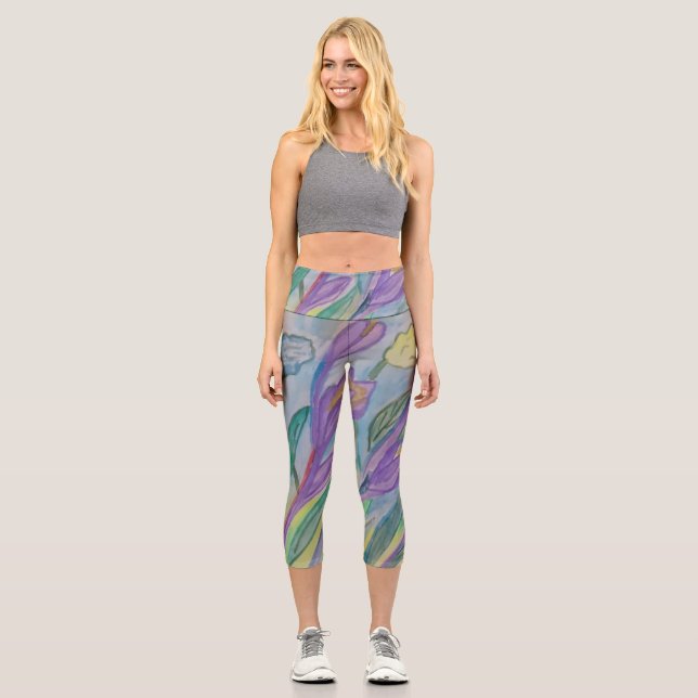 Abstract Spring Crocus Capri Leggings (Front)