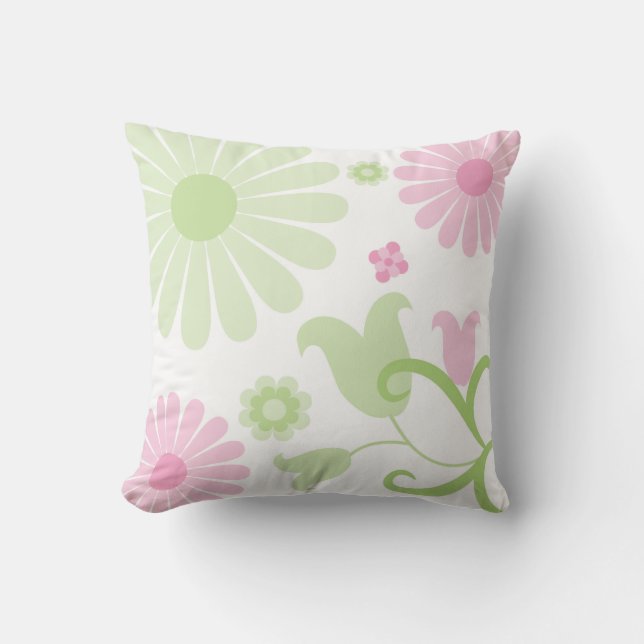 Abstract Spring Green Baby Pink Funky Florals Cushion (Front)