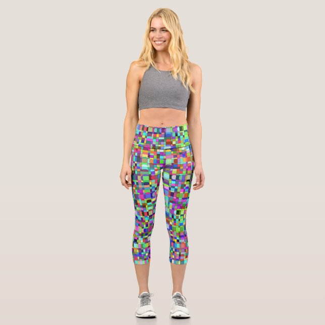 Abstract Squares Shapes Multicolor Pattern Capri Leggings (Front)