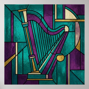 Abstract Stained Glass Harp Poster Teal and Purple