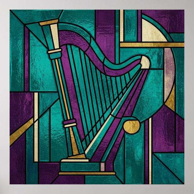 Abstract Stained Glass Harp Poster Teal and Purple (Front)
