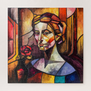 Abstract Stained Glass Woman Portrait with Rose Jigsaw Puzzle