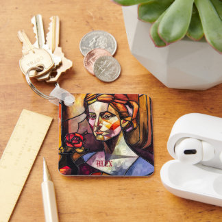Abstract Stained Glass Woman Portrait with Rose Key Ring
