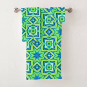 Abstract Star Geometric - Lime Green and Blue  Bath Towel Set