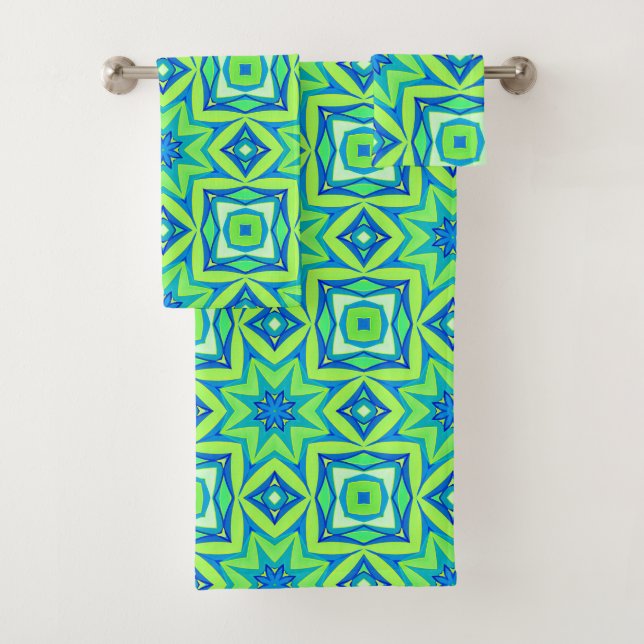 Abstract Star Geometric - Lime Green and Blue  Bath Towel Set (Insitu)