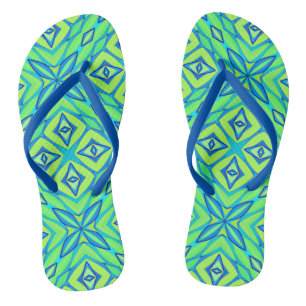 Abstract Star Geometric - Lime Green and Blue Jandals