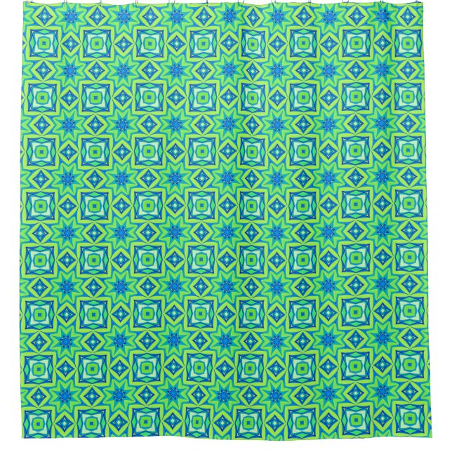 Abstract Star Geometric - Lime Green and Blue  Shower Curtain (Front)