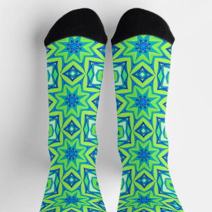 Abstract Star Geometric - Lime Green and Blue   Socks