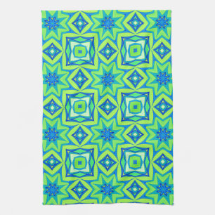 Abstract Star Geometric - Lime Green and Blue  Tea Towel