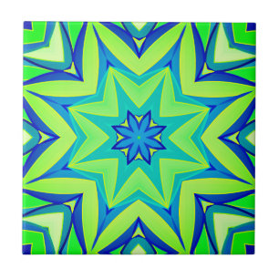 Abstract Star Geometric - Lime Green and Blue   Tile