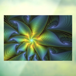 Abstract Star, Shiny Blue Green Golden Fractal Art