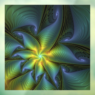 Abstract Star, Shiny Blue Green Golden Fractal Art