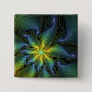 Abstract Star, Shiny Blue Green Golden Fractal Art 15 Cm Square Badge
