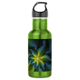 Abstract Star, Shiny Blue Green Golden Fractal Art 532 Ml Water Bottle