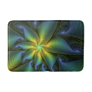 Abstract Star, Shiny Blue Green Golden Fractal Art Bath Mat