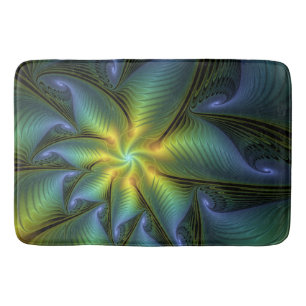 Abstract Star, Shiny Blue Green Golden Fractal Art Bath Mat