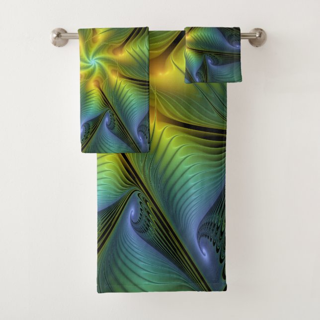 Abstract Star, Shiny Blue Green Golden Fractal Art Bath Towel Set (Insitu)