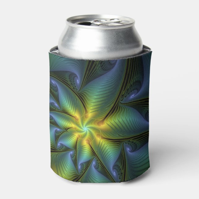 Abstract Star, Shiny Blue Green Golden Fractal Art Can Cooler (Can Front)