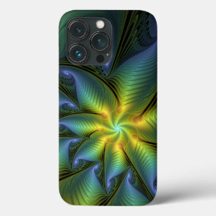 Abstract Star, Shiny Blue Green Golden Fractal Art iPhone 13 Pro Case