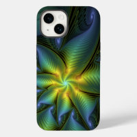Abstract Star, Shiny Blue Green Golden Fractal Art