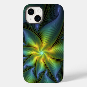 Abstract Star, Shiny Blue Green Golden Fractal Art Case-Mate iPhone 14 Case