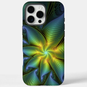 Abstract Star, Shiny Blue Green Golden Fractal Art iPhone 16 Pro Max Case