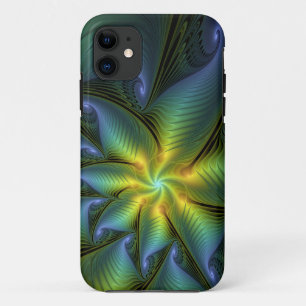 Abstract Star, Shiny Blue Green Golden Fractal Art Case-Mate iPhone Case