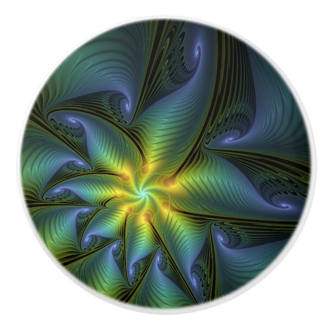 Abstract Star, Shiny Blue Green Golden Fractal Art Ceramic Knob (Front)