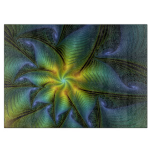 Abstract Star, Shiny Blue Green Golden Fractal Art Cutting Board