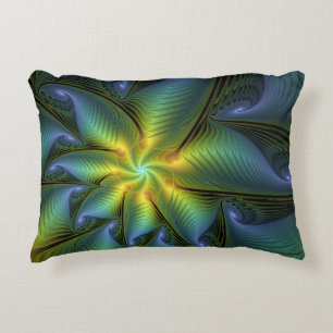Abstract Star, Shiny Blue Green Golden Fractal Art Decorative Cushion