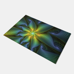 Abstract Star, Shiny Blue Green Golden Fractal Art Doormat
