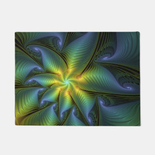 Abstract Star, Shiny Blue Green Golden Fractal Art Doormat