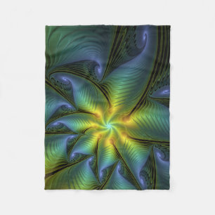 Abstract Star, Shiny Blue Green Golden Fractal Art Fleece Blanket