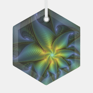 Abstract Star, Shiny Blue Green Golden Fractal Art Glass Tree Decoration