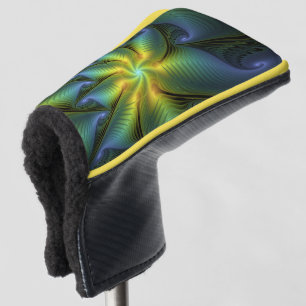 Abstract Star, Shiny Blue Green Golden Fractal Art Golf Head Cover