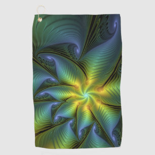Abstract Star, Shiny Blue Green Golden Fractal Art Golf Towel