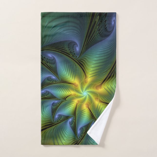 Abstract Star, Shiny Blue Green Golden Fractal Art Hand Towel (Hand Towel)