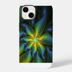 Abstract Star, Shiny Blue Green Golden Fractal Art iPhone 14 Case