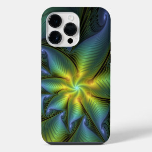 Abstract Star, Shiny Blue Green Golden Fractal Art iPhone 14 Pro Max Case