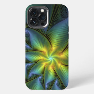 Abstract Star, Shiny Blue Green Golden Fractal Art iPhone 13 Pro Max Case