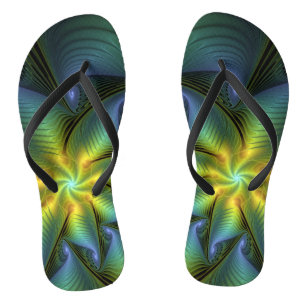 Abstract Star, Shiny Blue Green Golden Fractal Art Jandals