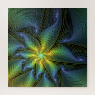 Abstract Star, Shiny Blue Green Golden Fractal Art Jigsaw Puzzle
